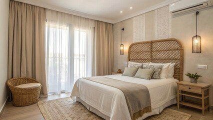 Neutral-Toned Guest Room with Double Bed and Rattan Headboard – Serene Interior Design

