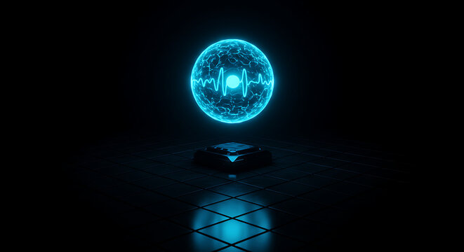 Cybernetic Orb: A mesmerizing, luminous sphere pulsates with energy, emitting a vibrant, digital heartbeat. It symbolizes the fusion of advanced technology and futuristic potential.