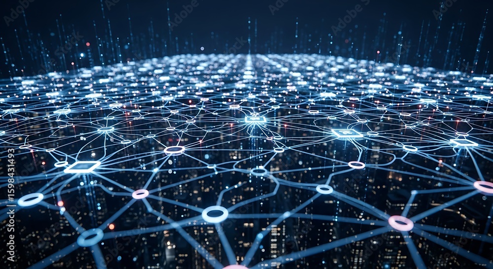 Poster abstract network visualization with interconnected nodes and lines over a blurred cityscape backdrop