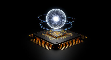 Quantum Computing: The image showcases a digital representation of quantum computing, a sphere of light hovers above a high-tech circuit board, emphasizing the fusion of technology and innovation.
