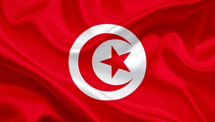 Flag of Tunisia with a red background and central white circle containing a red crescent and five-pointed star, representing unity and Islamic heritage.