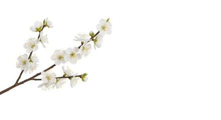 White Flower Branch on Solid Background - A delicate branch with white blossoms and budding leaves set against a clean, bright background. Perfect for spring themes and floral designs