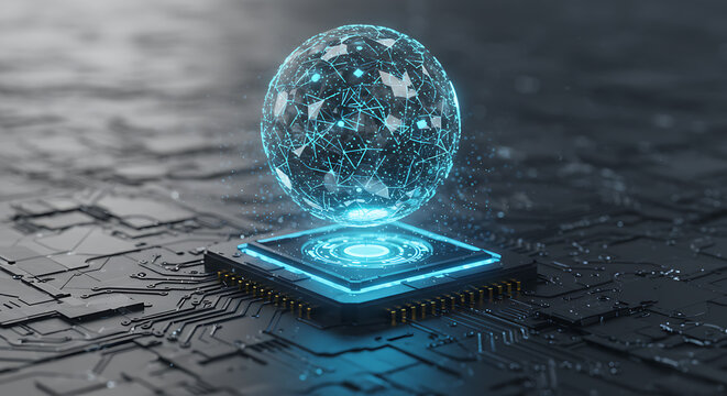 Digital Fusion: A captivating display of technological innovation, where a glowing sphere of data floats above a meticulously crafted microchip.