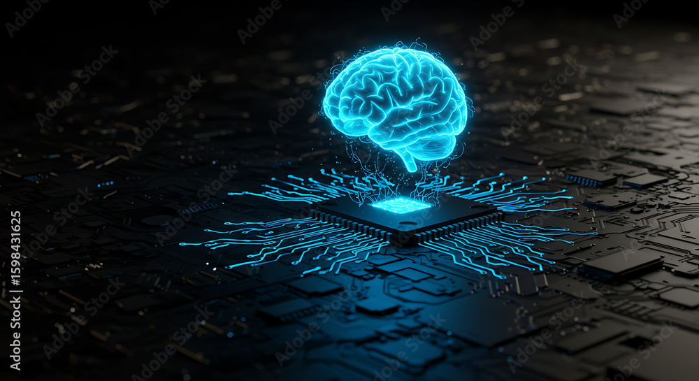 Poster illuminating the digital brain: a neon blue brain floats above a circuit board, symbolizing the nexu