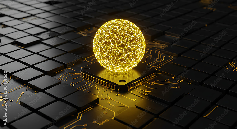 Poster abstract microchip energy core: the image features a mesmerizing, radiant orb of energy suspended ab