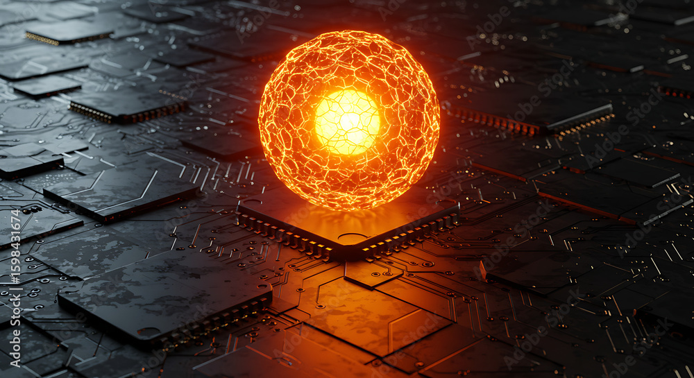 Aufkleber energy core on circuit board: a luminous energy core pulsates with fiery intensity atop an intricate