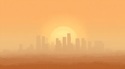 City skyline at sunrise, hazy