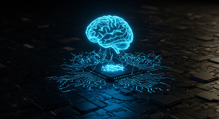 Cyber Brain: A luminous, holographic human brain hovers above a microchip, symbolizing the convergence of artificial intelligence and human intellect, creating a futuristic and innovative vision.