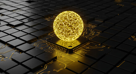 Abstract Microchip Energy Core: The image features a mesmerizing, radiant orb of energy suspended above a futuristic microchip, symbolizing innovation. The composition is a study in contrast.