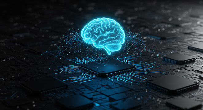 Cybernetic Mindscape: An illuminated holographic brain hovers above a computer chip.