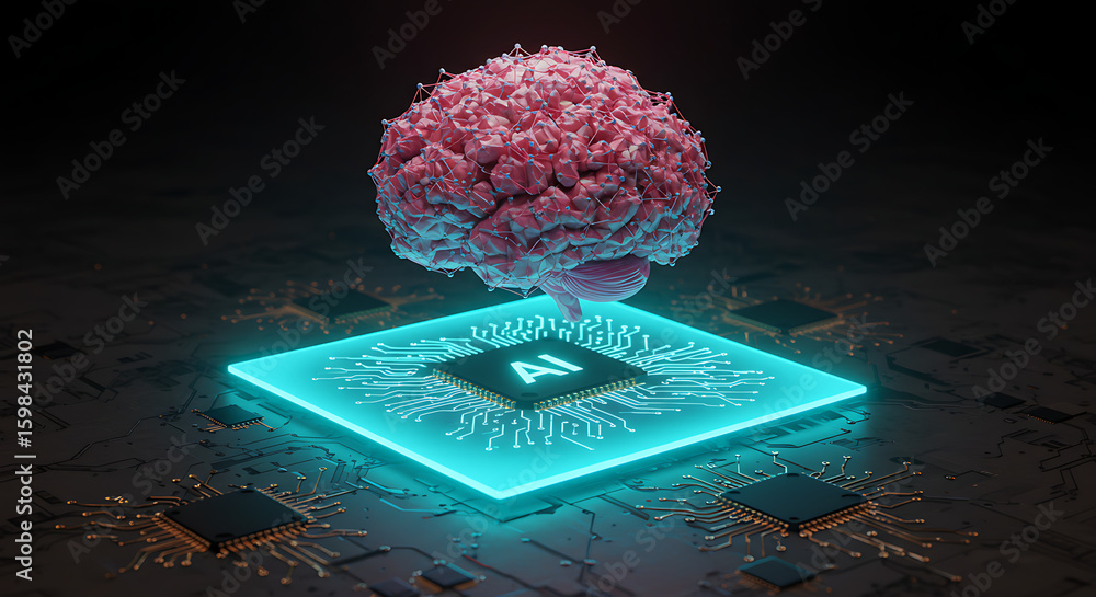 Poster ai brain on semiconductor: a striking visualization merges a human brain with ai, perched atop a glo