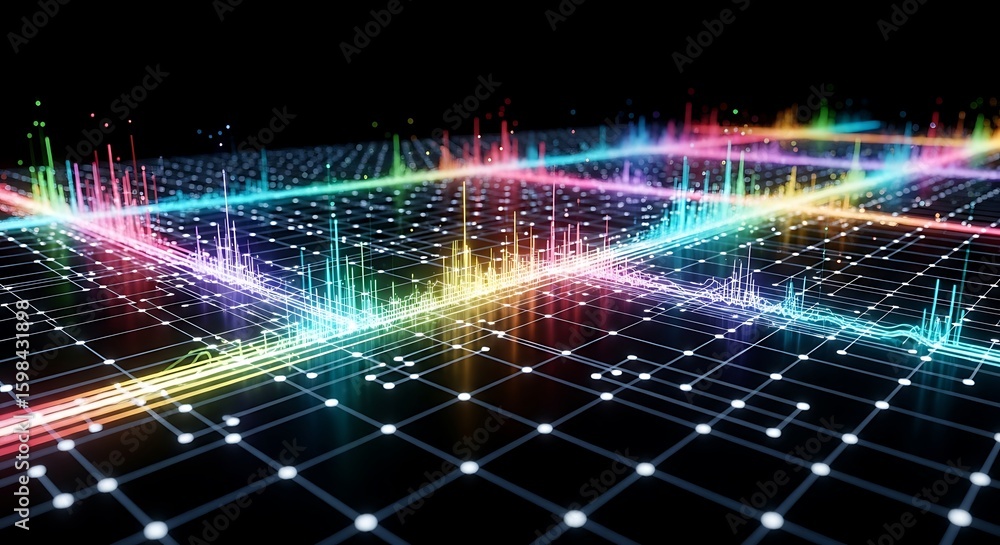 Poster abstract visualization of data with colorful vertical bars rising from a grid, representing informat