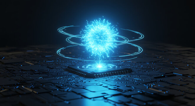 Digital Energy: A captivating composition showcases the essence of digital energy, a luminous orb of electricity hovering over a silicon chip, illuminating the innovation and technological prowess.