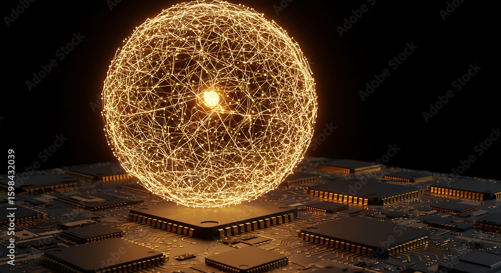 Poster energy sphere over computer chips: a luminous energy sphere hovers above intricate computer chips, s
