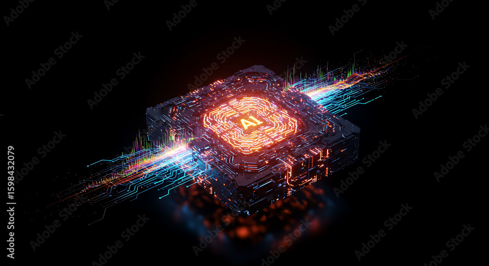 Aufkleber ai brain core: futuristic rendering of an ai brain core emitting vibrant energy, showcasing the powe