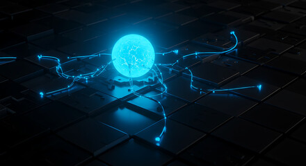Digital Orb of Energy: An electrifying image showcases a vibrant, glowing energy orb, intricately connected by glowing tendrils across a sleek, tech-inspired surface.