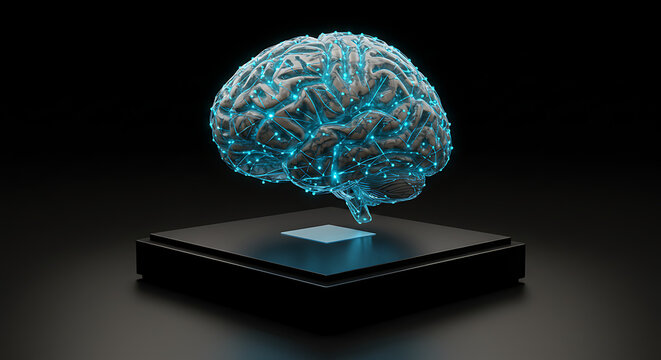 Digital Brain: An eye-catching image of a digital brain, showcasing innovation and modern technology on a black pedestal, symbolizing intelligence and advanced technological capabilities.