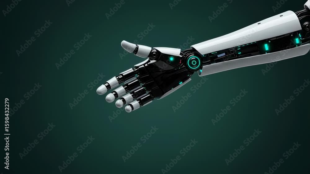 Poster man in suit shaking hand with a robot. business partnership with artificial intelligence concept fut