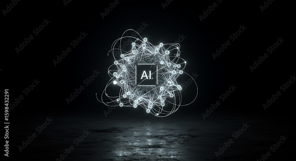 Poster ai chip in darkness: a captivating digital rendering presents an ai chip at the core, encircled by a