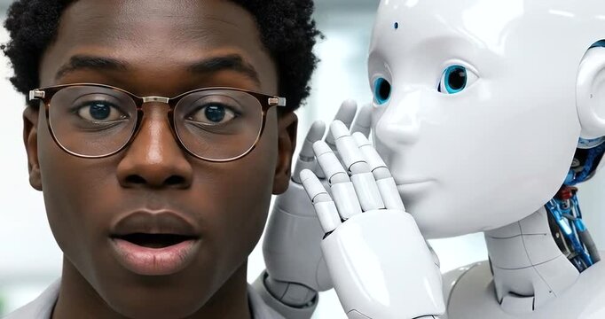 Robot whispering a secret into a mans ear