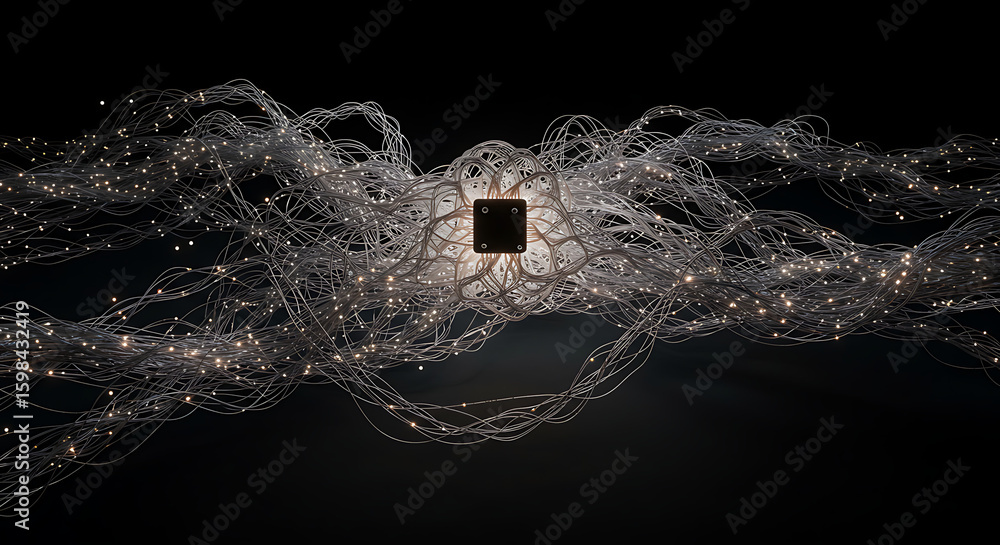 Aufkleber digital nexus: a network of illuminated cables converge on a central digital node, radiating with da