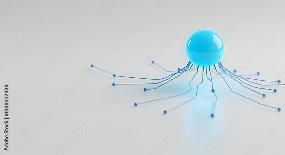 Poster abstract sphere connection: a striking visual of a vibrant blue sphere, with lines extending outward