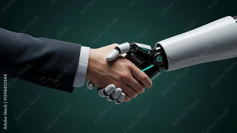 Poster man and robot handshaking. human and artificial intelligence collaboration. future technology, autom