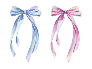 Bows coquette with long flowing tails, satin, silk textile blue, pink, lilac pastel shades. Watercolor illustration hand-drawn. Set of isolated elements. For feminine, male and festive decor, designs