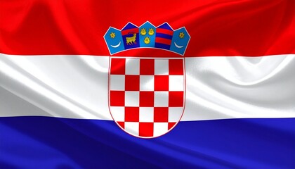 Croatia flag with horizontal red, white, and blue stripes, featuring central coat of arms with red-white checkerboard and five crowned shields above