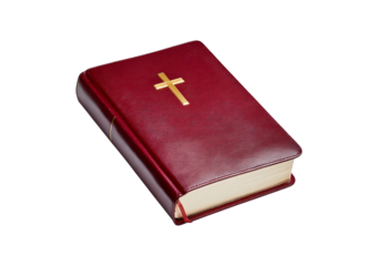 Red leather bible with gold cross on cover on transparent background, PNG