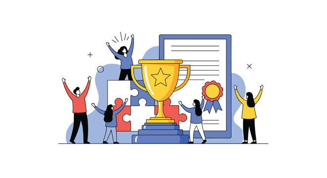 Celebrating team success with a golden trophy and achievement certificates for outstanding performance and accomplishment