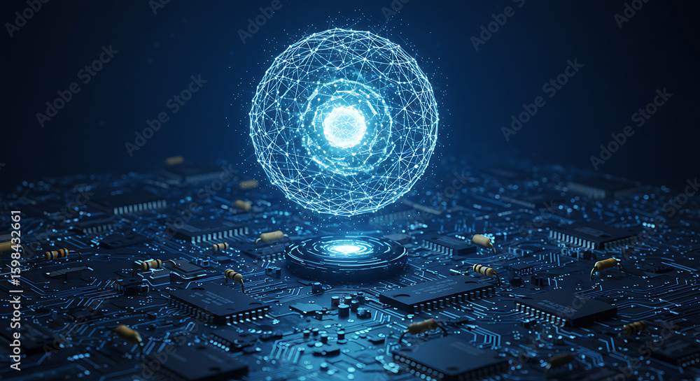 Aufkleber digital core: a luminous, spherical digital core hovering over an intricately designed circuit board