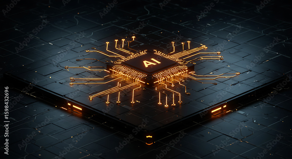 Aufkleber futuristic ai microchip: an awe-inspiring shot of a high-tech ai microchip illuminates with advanced
