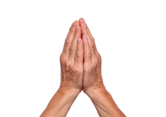 Elderly woman hands in prayer gesture on transparent background, PNG
