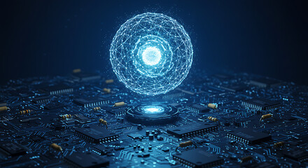 Digital Core: A luminous, spherical digital core hovering over an intricately designed circuit board, representing the heart of modern technology. Capturing innovation