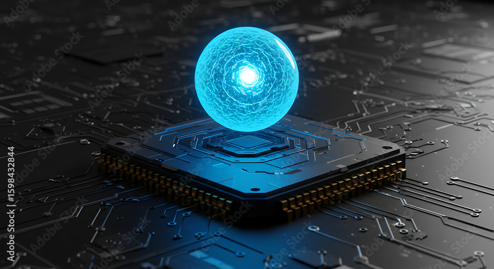 Aufkleber futuristic computing: a luminous, spherical energy core levitates atop a modern computer chip, epito