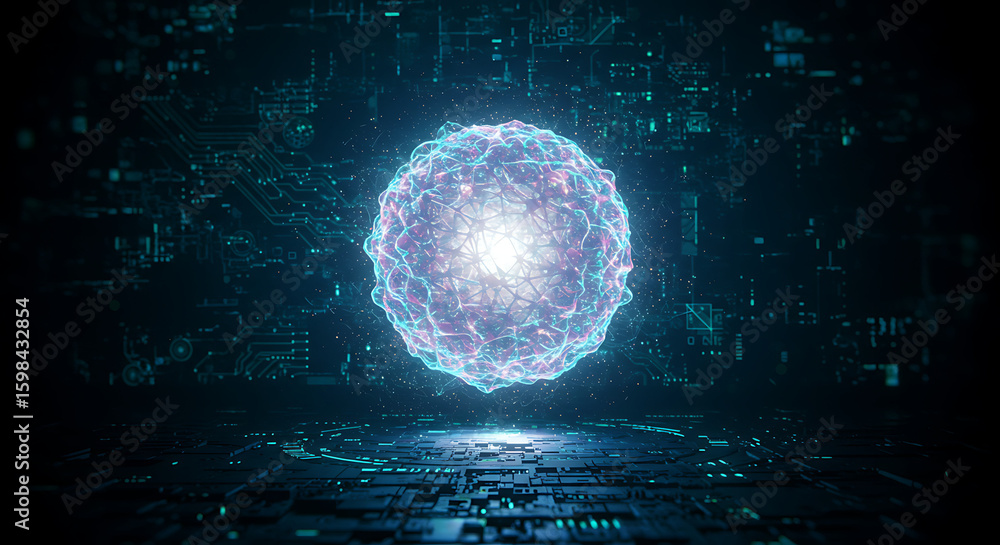 Poster energetic spherical core: an artistic representation of an energetic core, pulsating with light, set