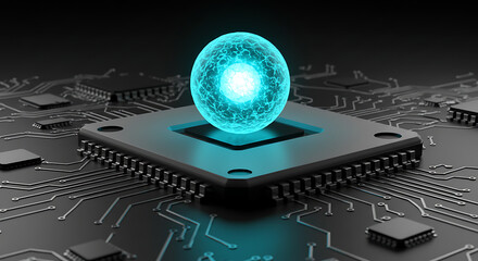 Obraz premium Digital Core: An abstract depiction of a digital core, a glowing sphere levitating above a microchip on a sleek circuit board, symbolizing modern technology's core.