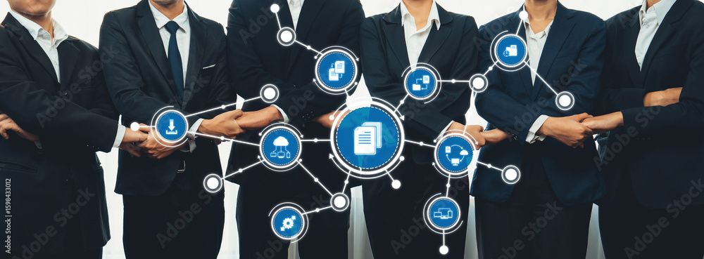 Poster a business team showcasing collaboration and connection in a modern environment, surrounded by digit