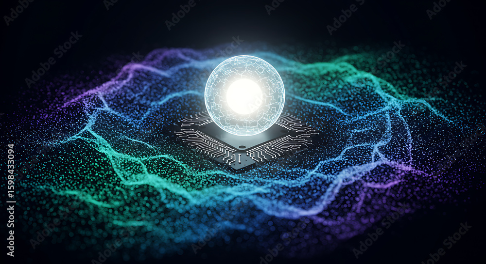 Aufkleber digital core: capturing the essence of a digital core, this image showcases a glowing sphere resting