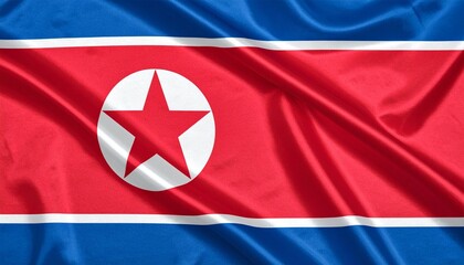 North Korea flag with central white circle and red star on a red field, bordered by blue and white stripes