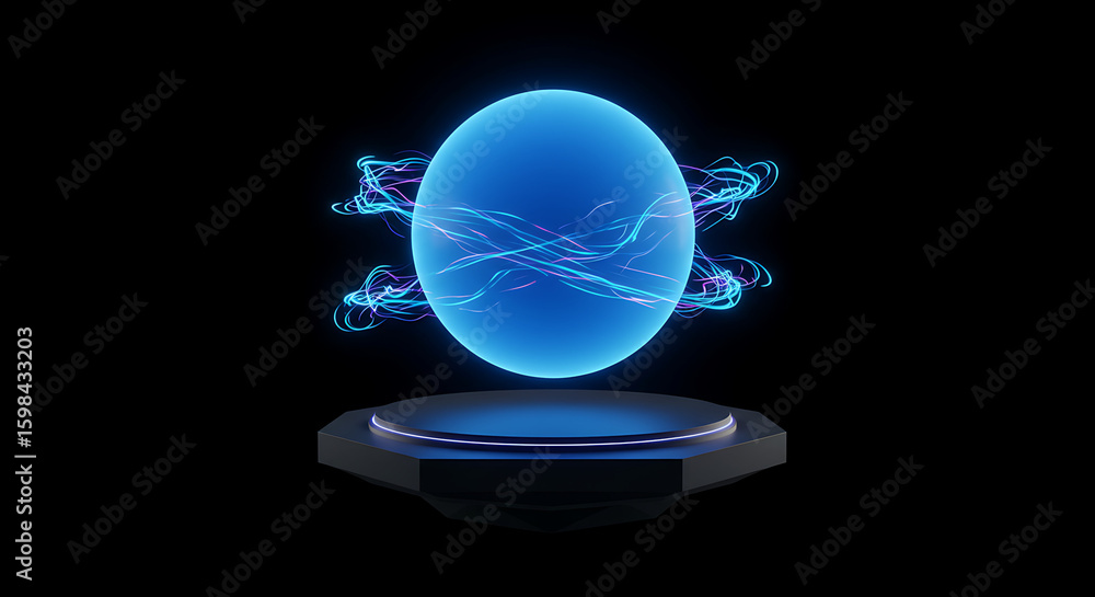 Poster electrified orb: capturing an otherworldly blue energy sphere pulsating with electrical currents, le