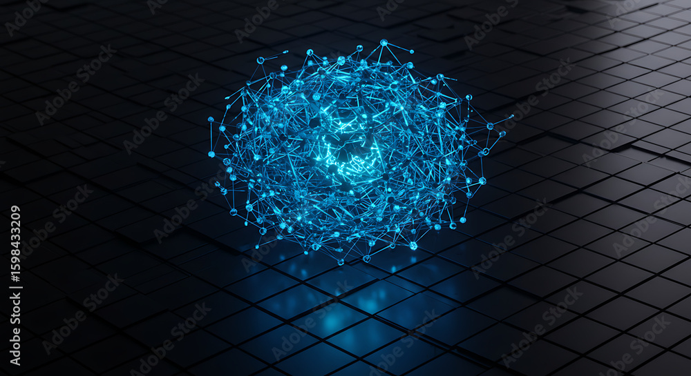 Aufkleber digital neural network: a glowing digital neural network illuminates, poised on a dark geometric sur