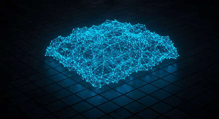 Digital Data Network: An illuminated digital mesh representing data or network structure, set against a dark backdrop, suggesting connectivity and technological innovation.