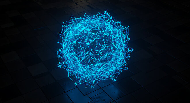 Abstract Blue Sphere: A mesmerizing digital art piece showcasing an intricate, radiant blue sphere composed of interconnected lines and nodes, symbolizing connectivity and technological advancement. - Powered by Adobe
