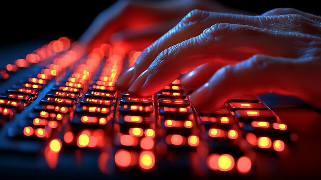 Close-up view of hands typing on a backlit keyboard.