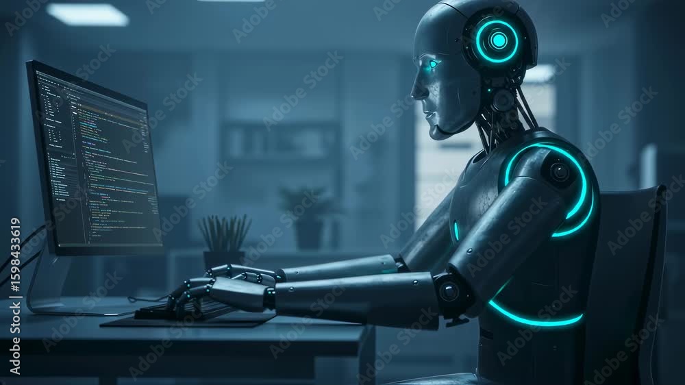 Poster humanoid robot typing on a keyboard and looking at a computer screen. ai in office with futuristic t