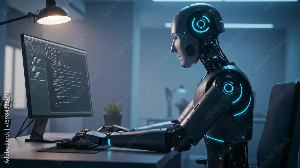 Poster AI robot programmer coding on computer in dark office. Artificial intelligence automation. Innovative technology footage.
