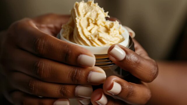 Palm oil shea butter. Creamy moisturizer in a jar held by a hand.	
