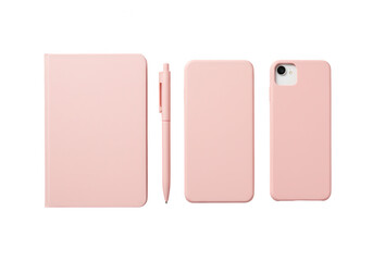 A pink notebook pen and phone case arranged in a line on a transparent background isolated on transparent background